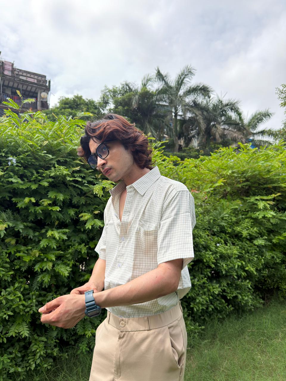 Men’s Beige Gingham Check Relaxed Fit Shirt