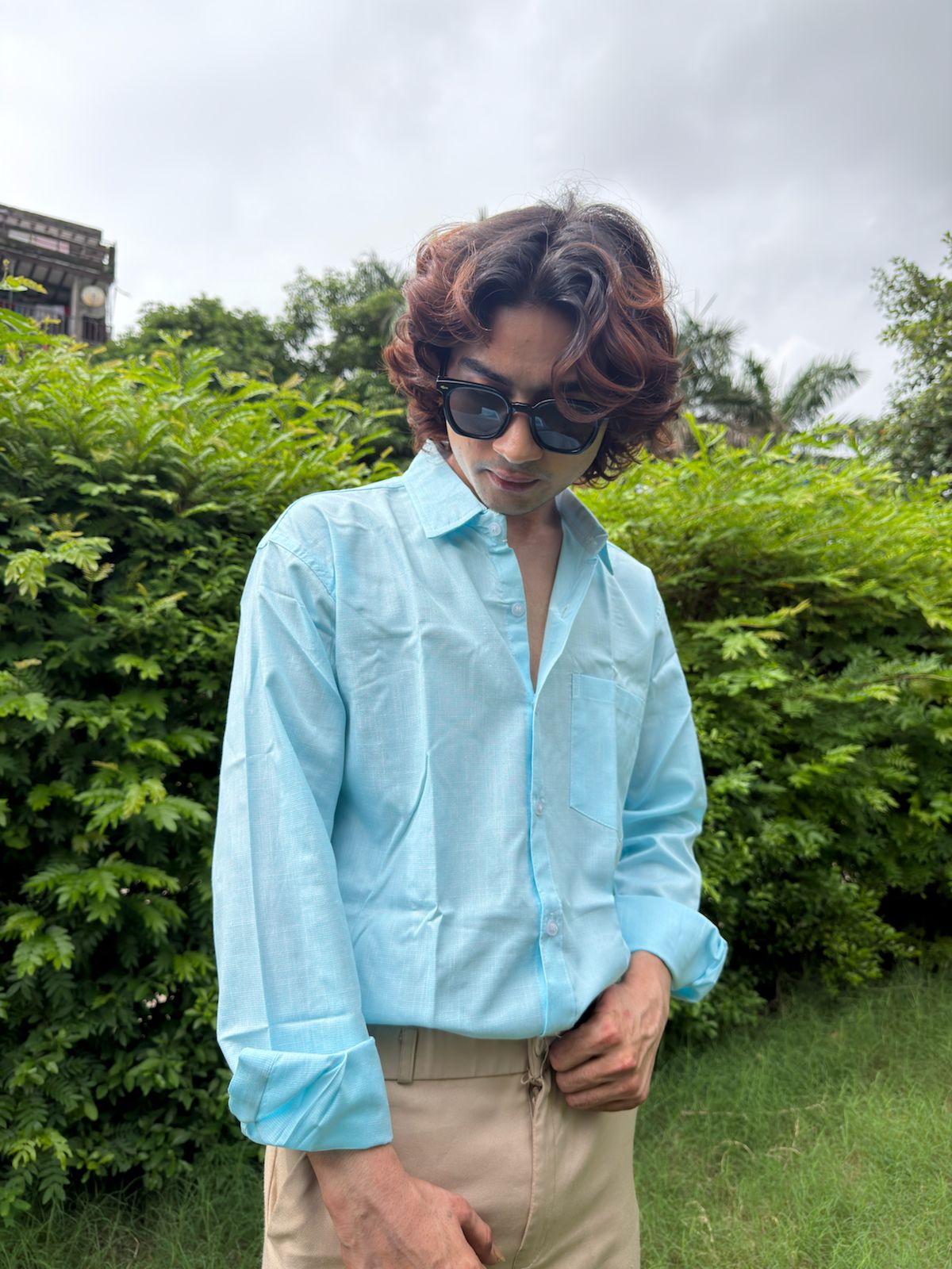 Men’s Sky Blue Casual Linen Blend Shirt